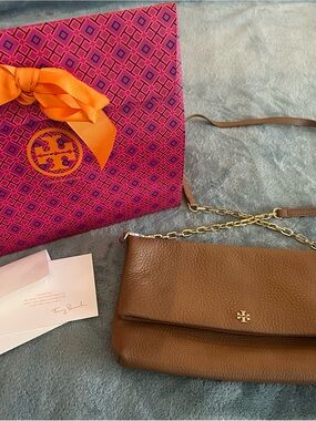Tory Burch Brown Pebbled Leather Chain Strap Crossbody